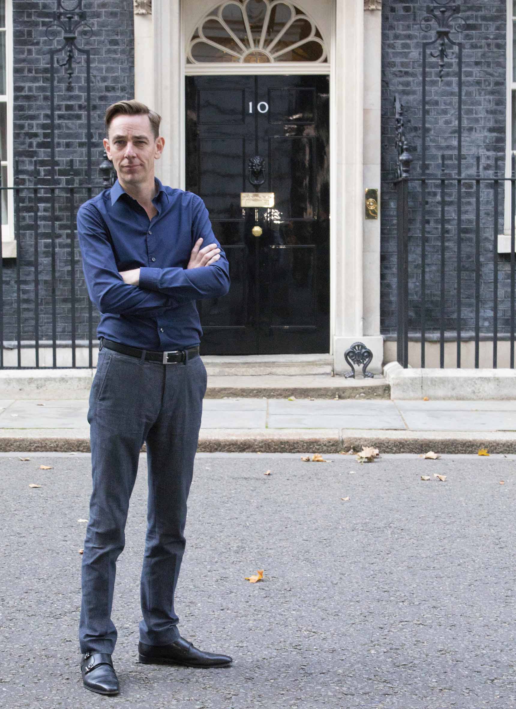 Ryan Tubridy outside 10 Downing Street in advance of tomorrow night's Late Late Show coming live from London